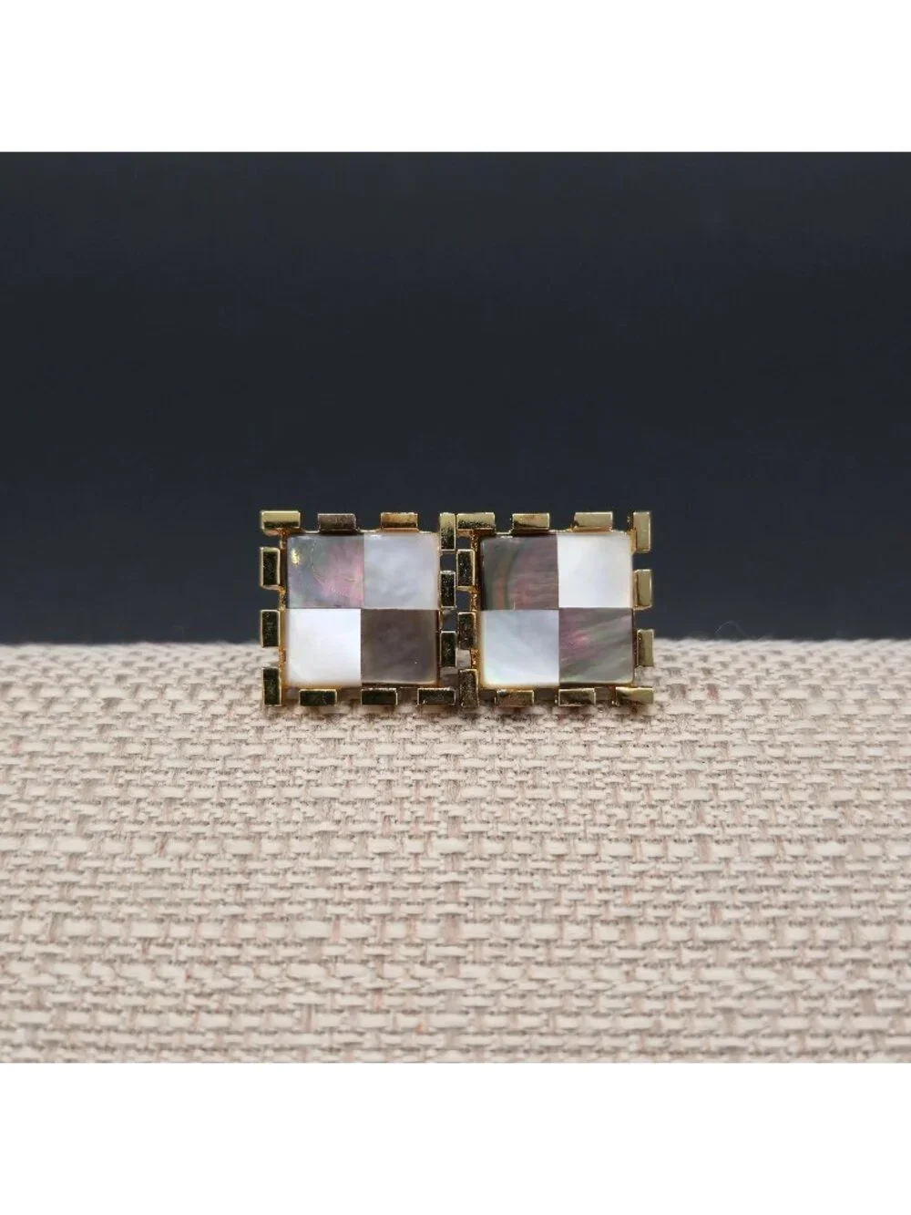 Vintage Gold Tone Mother of Pearl Checkerboard Square Cufflinks Mens Jewelry A80